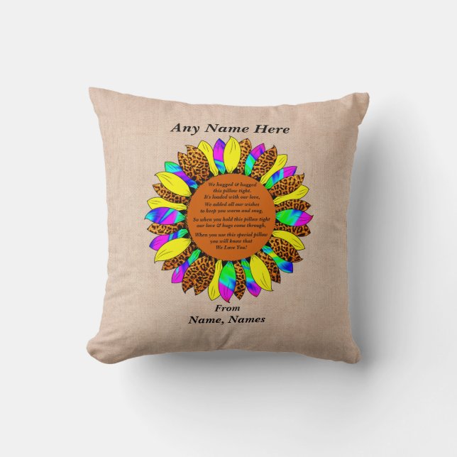 Add Names Change Text Hugged Leopard Sunflower Hug Throw Pillow (Front)