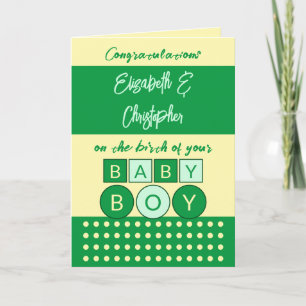 Add names green yellow new baby boy card