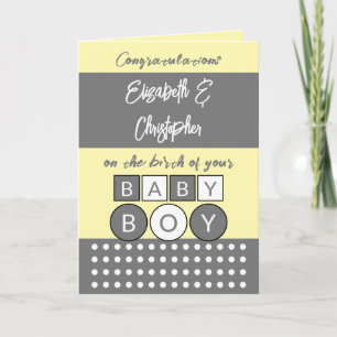 Add names grey yellow new baby boy card