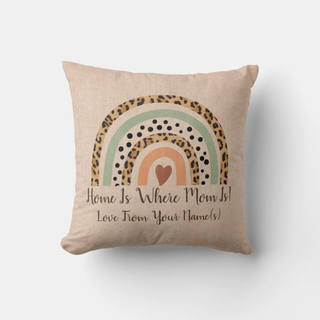 Add Names Home is Where Mom  Leopard Rainbow Beige Throw Pillow (Front)