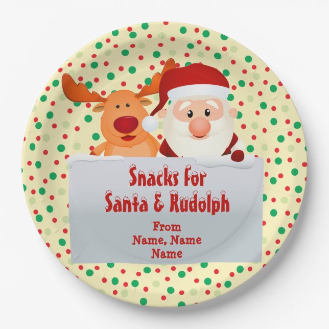 Add Names Snacks for Santa Rudolph 9" Paper Plate (Front)