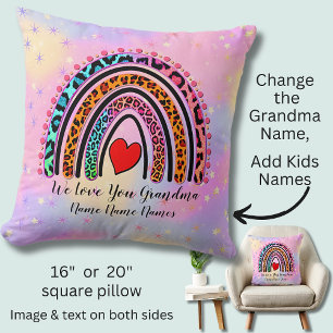Add Names Text Grandma Heart Boho Rainbow Leopard  Throw Pillow
