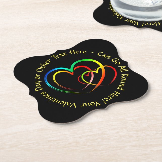 Add Names Text Message - Hearts on Black Paper Coaster (Angled)