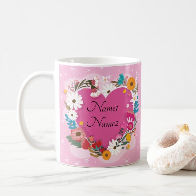 Add Names Text Valentines Day Pink Floral Heart Coffee Mug (With Donut)