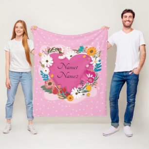 Add Names Text Valentines Day Pink Floral Heart Fleece Blanket