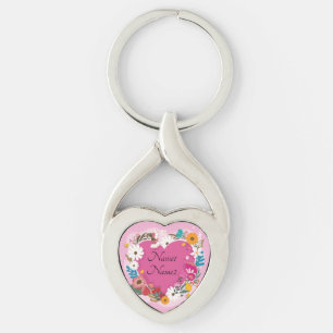 Add Names Text Valentines Day Pink Floral Heart   Keychain