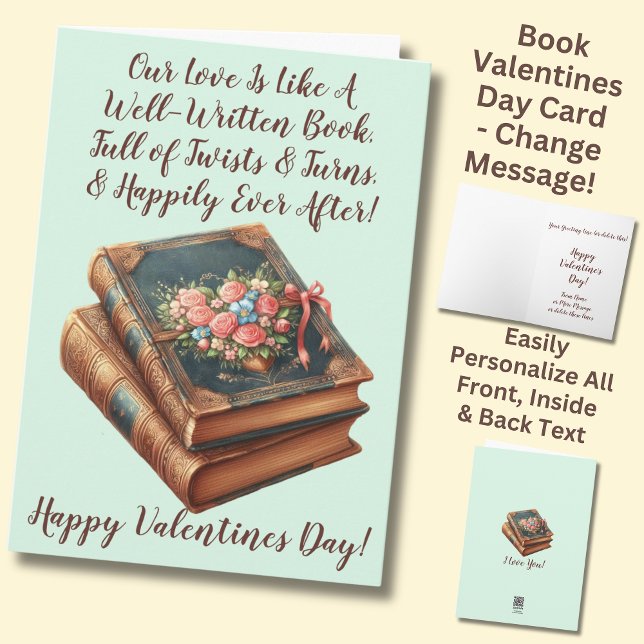 Add Names, Well Written Book Green Valentines Day Card (Creator Uploaded)