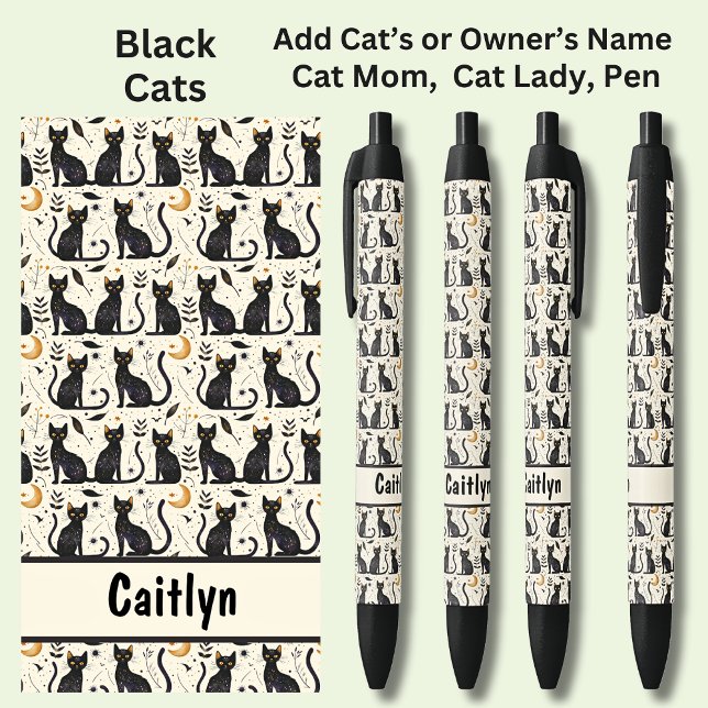 Add Owner or Cat's Name, Black Cats Illustrations Ink Pen (Creator Uploaded)