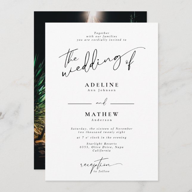 Add Personalized Photo Modern Script Wedding  Invitation (Front/Back)