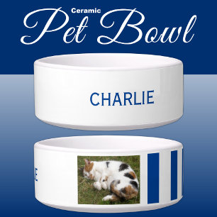 Add photo and name white and blue bowl