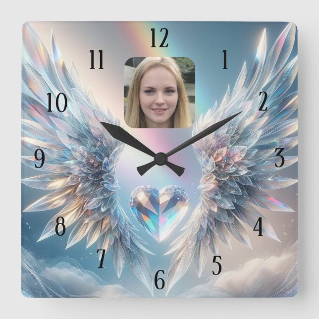 Add Photo Angel Wings Crystal Heart Square Wall Clock (Front)