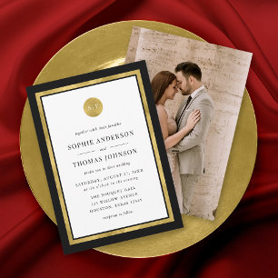 Add Photo Custom Colour Gold Round Monogram Weddin Invitation