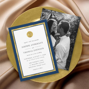 Add Photo Custom Colour Gold Round Monogram Weddin Invitation