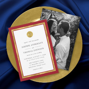 Add Photo Custom Colour Gold Round Monogram Weddin Invitation