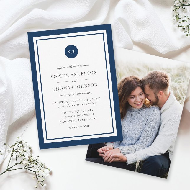Add Photo Custom Colour Round Monogram Wedding Invitation (Creator Uploaded)