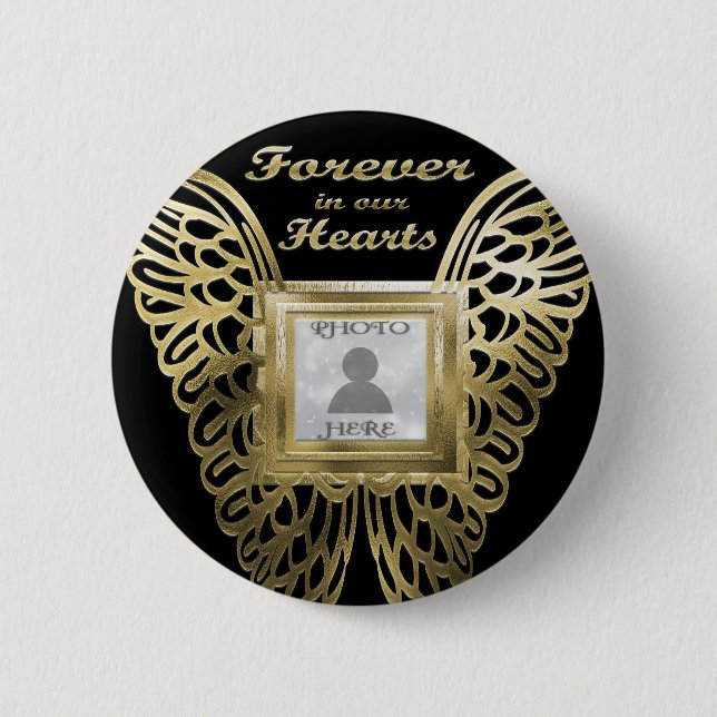 Add Photo Custom Gold Angel Wings Memorial 2 Inch Round Button (Front)