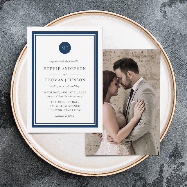 Add Photo Editable Color Round Monogram Wedding Invitation (Creator Uploaded)