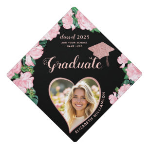 Add Photo Elegant Black and Pink Floral Graduation Cap Topper