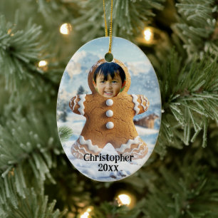Add Photo Gingerbread Man Cookie Photo Frame Kids Ceramic Ornament
