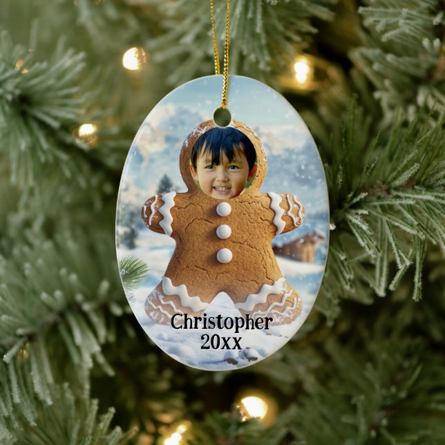 Add Photo Gingerbread Man Cookie Photo Frame Kids Ceramic Ornament (Tree)