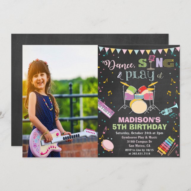 ADD PHOTO - Girl Music Birthday Chalk Invitation (Front/Back)