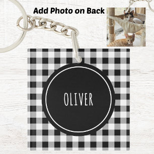 Add Photo, Name Buffalo Check Black Acrylic Keychain