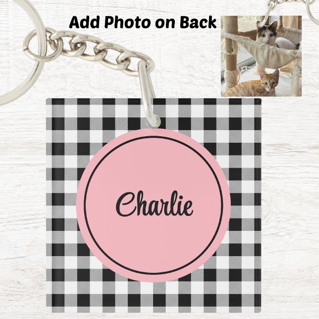 Add Photo, Name Buffalo Check Pink Acrylic Keychain (Creator Uploaded)