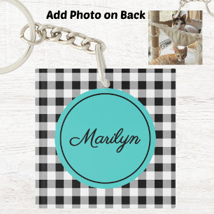 Add Photo, Name Buffalo Check Turquoise Acrylic Keychain