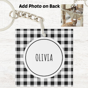 Add Photo, Name Buffalo Check White Acrylic Keychain