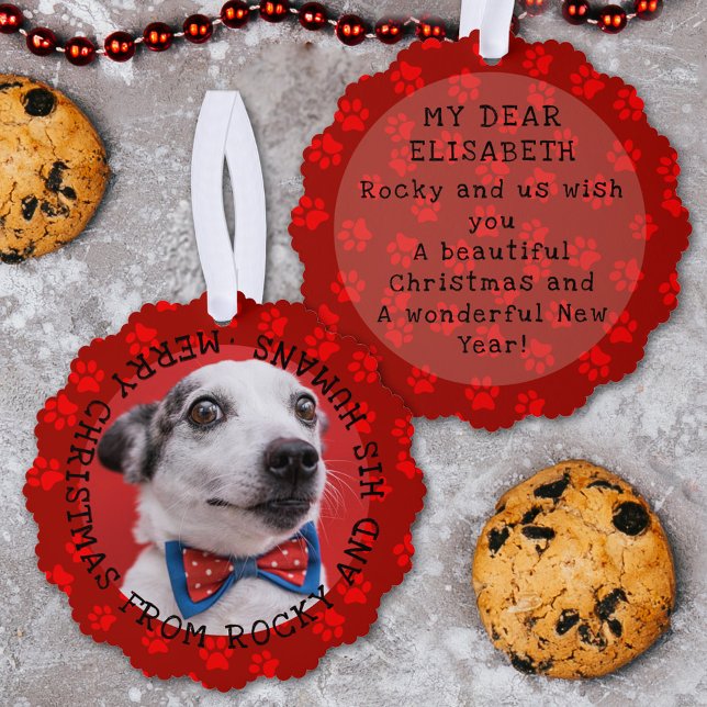 Add Photo & Name Funny Christmas Dog Pawprints Red Ornament Card (Creator Uploaded)