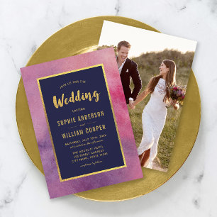 Add Photo Purple Pink Watercolor & Gold Wedding Invitation