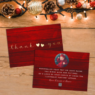  Add Photo Rustic Modern Script Red Wood Thank You Foil Holiday Card