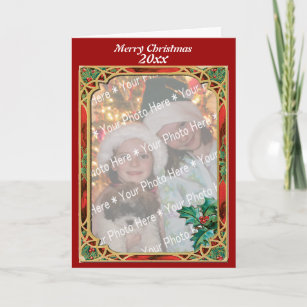 Add Photo Stained Glass Frame with Holly Leaves Holiday Card