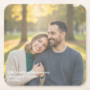 Add Photo Text Overlay 10th Wedding Anniversary  Square Paper Coaster