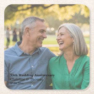 Add Photo Text Overlay 35th Wedding Anniversary Square Paper Coaster