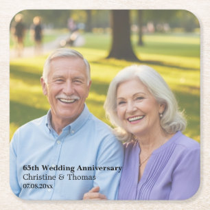 Add Photo Text Overlay 65th Wedding Anniversary  Square Paper Coaster