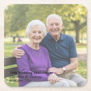 Add Photo Text Overlay 70th Wedding Anniversary  Square Paper Coaster