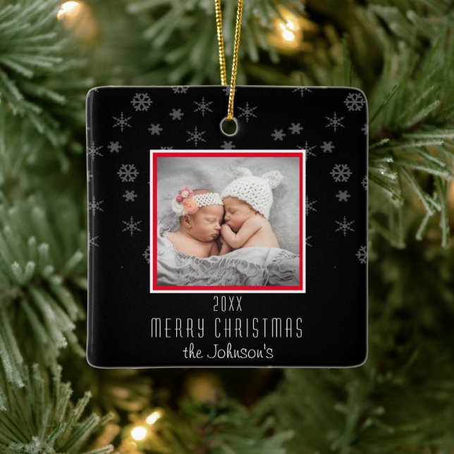 Add Photo to Black Christmas Ceramic Ornament (Tree)
