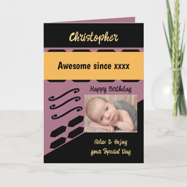 Add photo year name milestone birthday purple card (Front)