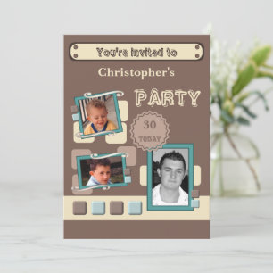 Add photos for men any age brown 30th party invitation