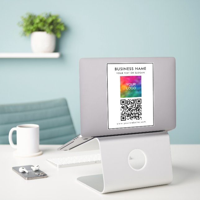Add QR Code Text Upload Business Logo Here Custom (Laptop On Desk)