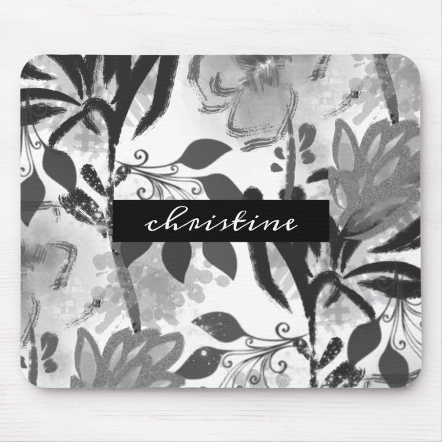 Add Script Name | Black Botanical Floral Pattern Mouse Pad (Front)