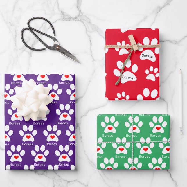 Add Small Dog Name Pawprint Dog Xmas Wrapping Paper Sheet (Front)