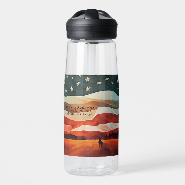 Add Text - Cowboy Riding into Flag Sunset  Water Bottle (Front)