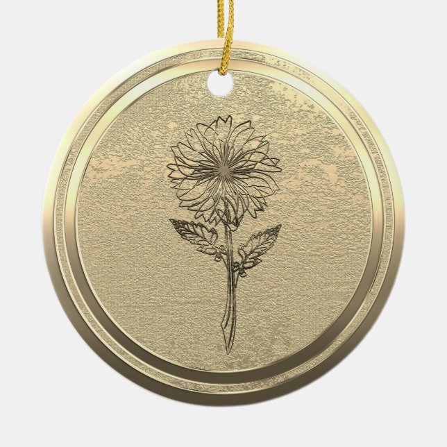 Add Text Gold Chrysanthemum  Ceramic Ornament (Front)