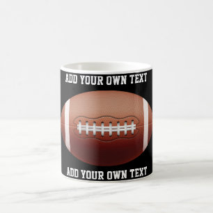 Add text on football throw pillow coffee mug