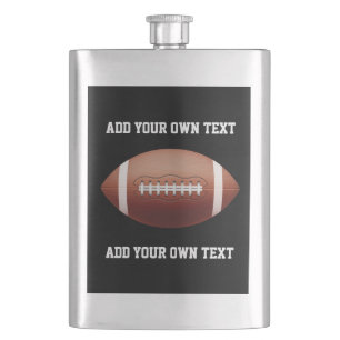 Add text on football throw pillow hip flask