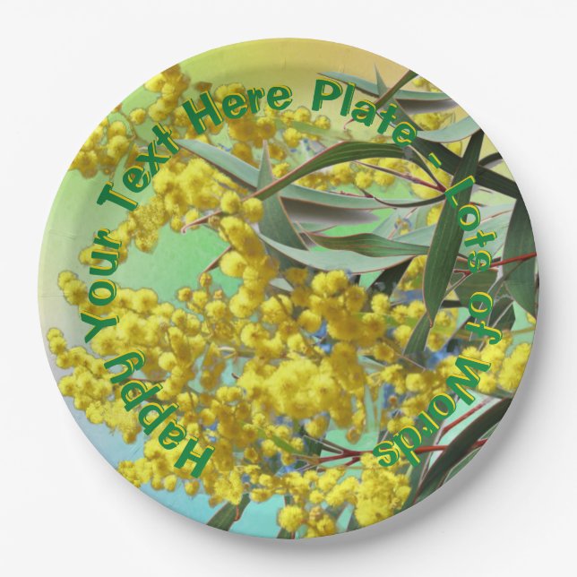 Add Text Wattle & Gum Leaves Aussie 9" Paper Plate (Front)