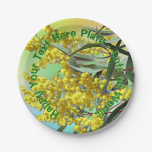 Add Text Wattle & Gum Leaves Aussie Small 7" Paper Plate