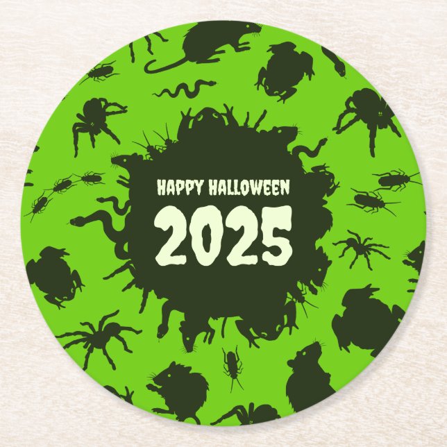 Add The Year Happy Halloween Dark Creepy Crawlies Round Paper Coaster (Front)
